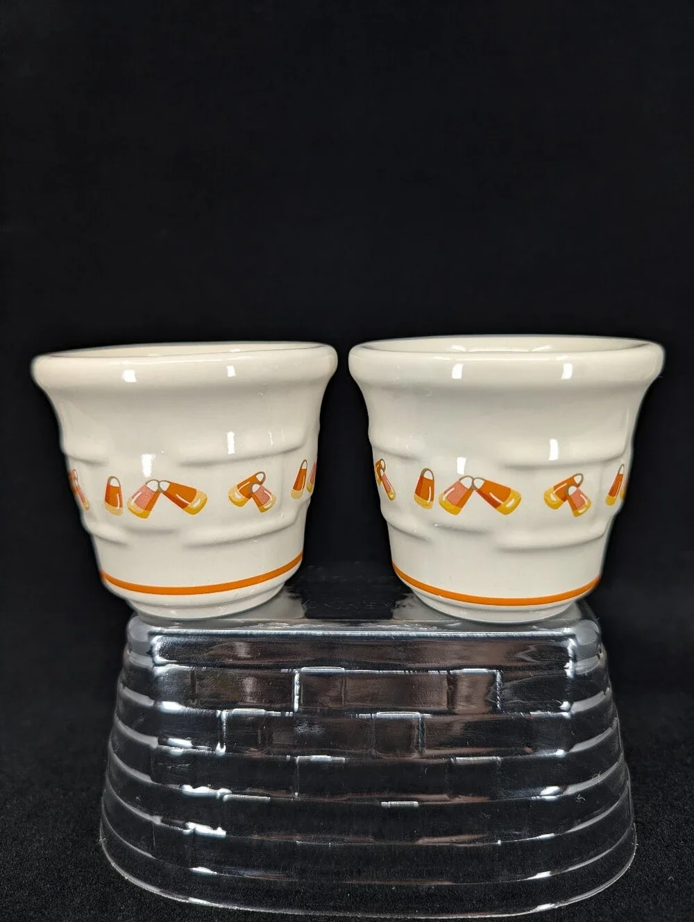 Longaberger Woven Tradition Pottery 1999 Halloween Candy Corn Votive Cup Set (2)